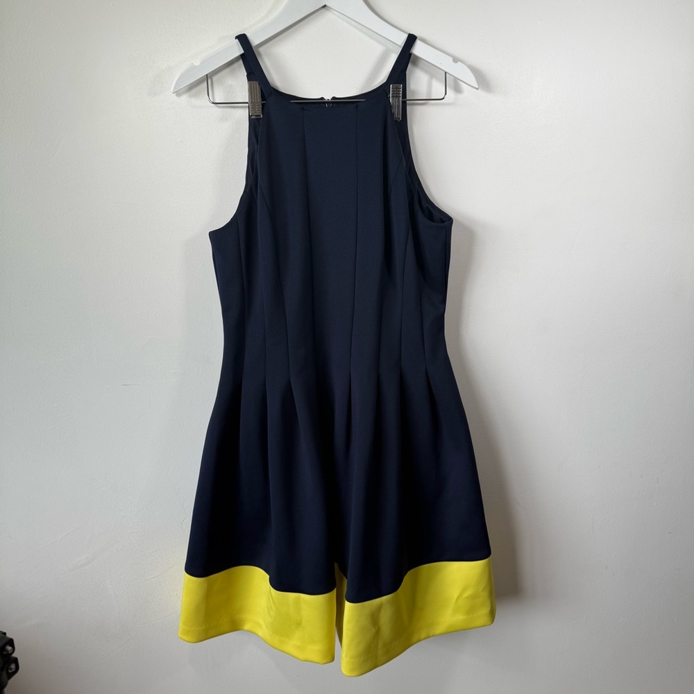 Vince Camuto Navy & Yellow Colorblock Fit & Flare Dress – Size 14, Pockets